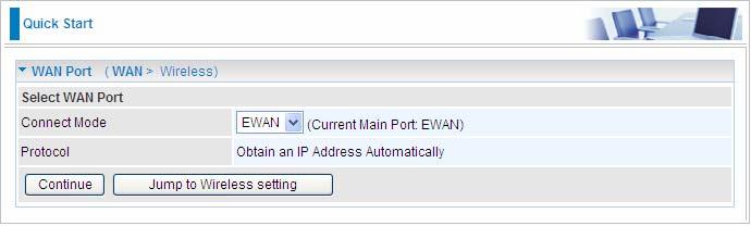 Quick Start Whether on the Basic or Advanced Configuration Mode, click Quick Start link to WAN Port setup pages. Step 1: Select WAN port connect mode from the connect mode drop down menu.