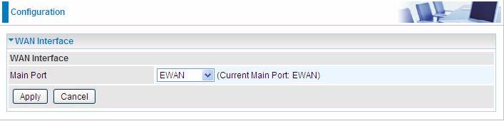 WAN Interface (EWAN) Main Port: Select the main port from the drop-down menu. Click Apply to confirm the change.