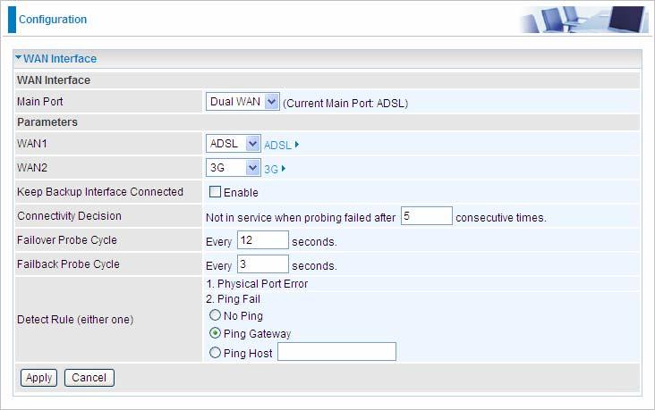 Click the link to go to WAN Profile page to configure its parameters. WAN2: Choose ADSL EWAN or 3G for WAN2.