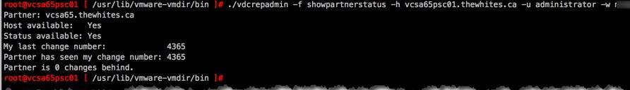 Working in the Command Line Interface (CLI) on the PSC, you can use the following command to check the replication status: (in the /usr/lib/vmware-vmdir/bin folder).