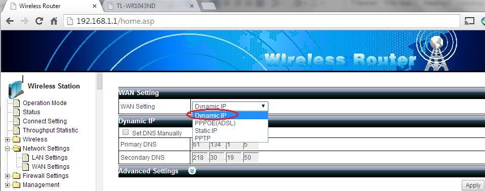 default and all the PCs on the local network will share the WAN IP address to access Internet. In most case the default setting dynamic IP should work.