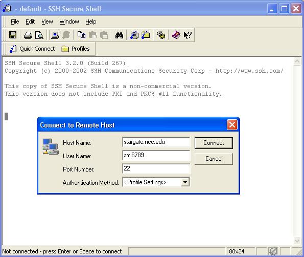 Student Remote Login Procedure (see picture below): 1. Start SSH Secure Shell 2. Click the computer icon (4 th on the toolbar) 3. Enter stargate.ncc.edu in the text field labeled Host Name: 4.