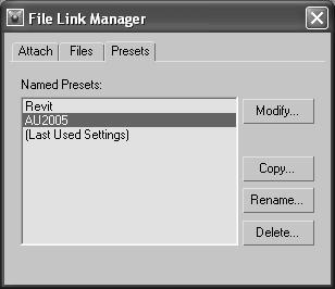 The File Link Manager helps define which geometry is included in the Autodesk VIZ scene from the linked file, how the geometry is organized, and when it's regenerated.