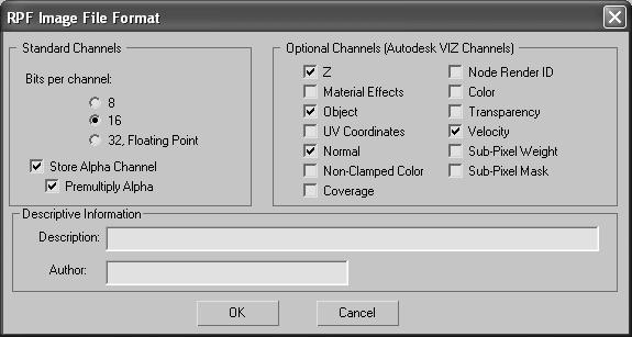 Interface When RPF is the chosen output format, clicking Render or Setup on the Render Output File dialog displays the RPF Image File Format dialog.