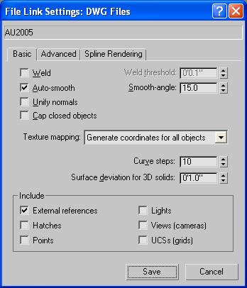 File Link Dialog Boxes Combine Objects by Layer - When this option is on, any objects on a given layer in the AutoCAD drawing will be made part of a single Editable Mesh or Editable Spline.