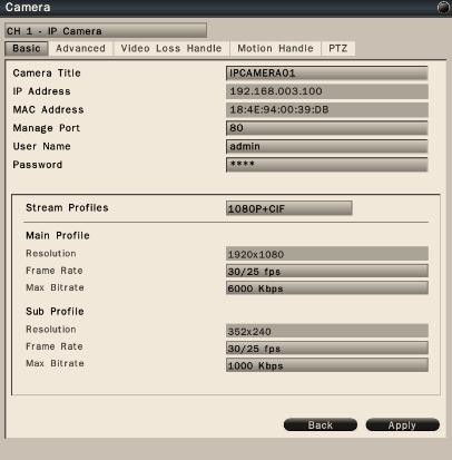 6.1.1.1 Basic Setting In the Camera-Settings-Basic menu, user will see the IP camera basic information and user can configure stream profiles of the IP cameras from the NVR.