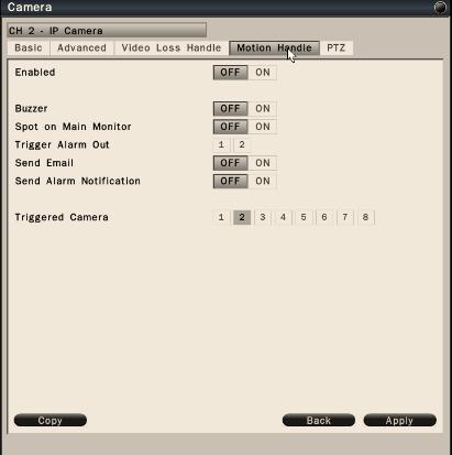 6.1.1.4 Motion Handle Settings In the Camera-Settings-Motion Handle Settings menu, it allows user to define the system behavior while there s motion triggered.