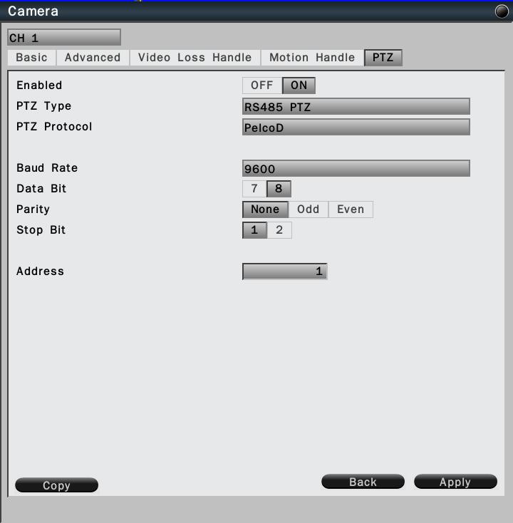 6.1.1.5 PTZ settings In the Camera-Settings-PTZ menu, it allows user to configure the settings if the NVR is connected to a RS485 PTZ camera or Network PTZ camera.