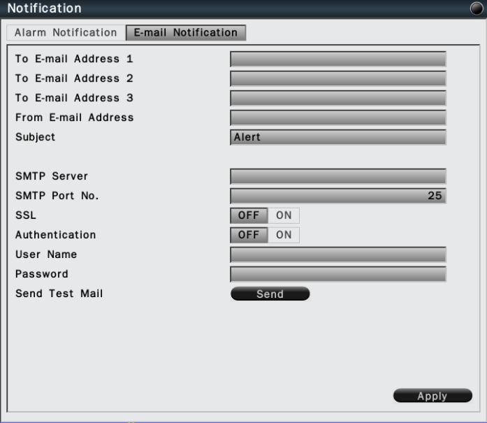 6.2.3.2 E-Mail Notification In the Network-Notification-E-mail Notification menu, user is able to set the Email addresses and input related information.