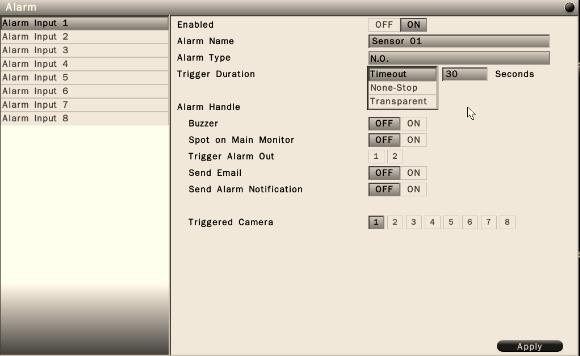 6.3 Alarm Settings 6.3.1 Alarm Input Settings In the Alarm-Settings menu, user can define the alarm behaviors and the corresponding actions for triggered alarm.