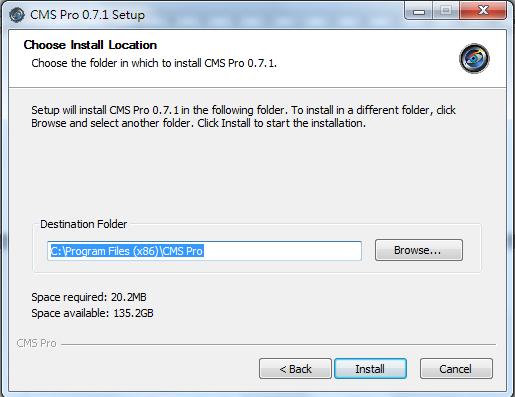 The CMS Pro installer will install the program in a default directory.