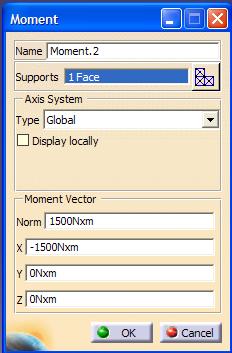 8 3) Loading In the Loads toolbar select the Moment command. When the box appears, specify a moment. Similar for bending select the face only for Supports.
