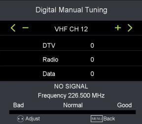 3.3 Digital Manual Tuning - Press OK or RIGHT navigation button to enter it. - Use LEFT/RIGHT navigation button to select the channel. Then press OK button to start searching. 3.