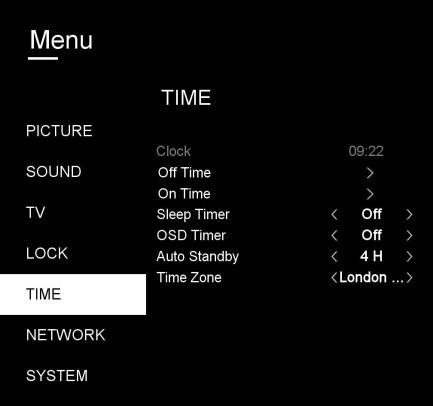 5. TIME 5.1 Clock It displays current system time when an available channel was saved. 5.2 Off Time - Press OK or RIGHT navigation button to enter it.