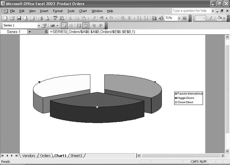 Explode an Entire Pie Select a pie chart. Drag all pie slices away from the center of the pie. Release the mouse button.