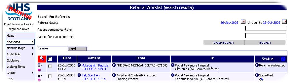 search function The worklist is displayed showing referrals for one month previous to the current date with the date range set in the