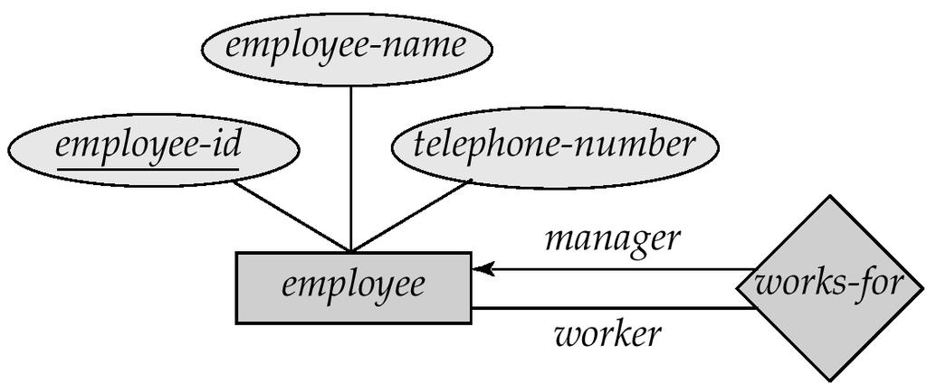 ER: roles Entity sets of a relationship need not be distinct The labels manager and worker are called roles; they specify how employee entities interact via the works-for