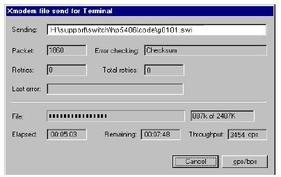 If you are using HyperTerminal, you will see a screen similar to the following to indicate that the download is in progress: Figure 72: Example: of Xmodem download in progress When the download