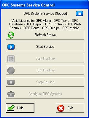 Service Start The OPC Systems Service will need to be started after the installation is completed. The OPC System Service Manager will appear after the installation is completed.