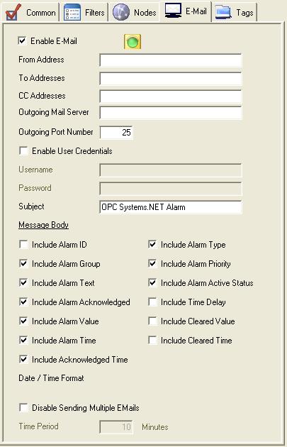 8 Select the Tags Tab With the Tags properties you can assign to automatically write alarm statistics to OPC