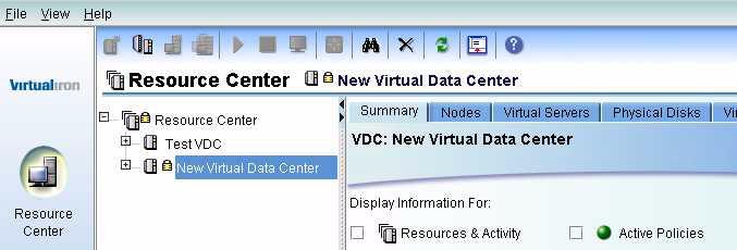 The new VDC appears in the navigation tree. Note the yellow lock icons that show up beside Resource Center and New Virtual Data Center.