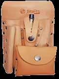 Holds 16-18 oz plumb bob and Gammon Reel or tape Slits for belt insertion Cut-out hole on front for easy access to Gammon Reel Stitched and rivet pockets Snap button straps secure plumb bob and