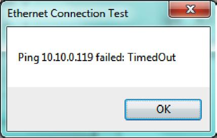 4 : CONFIGURING ACS DRIVE FOR MODBUS TCP Figure 4-5: Testing Indicates a Failed Attempt for Ethernet Connection To configure the ACS drive for a DHCP server in order to dynamically assign an IP
