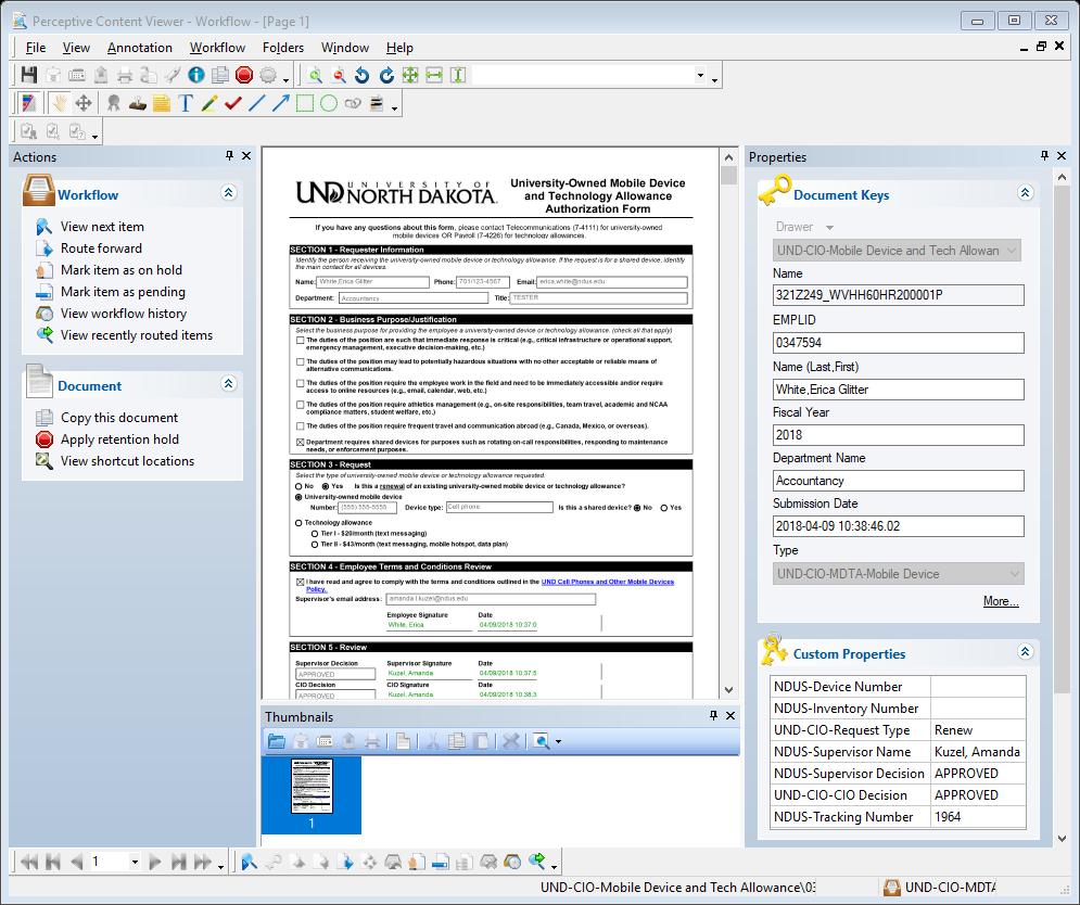 PROCESS A DOCUMENT IN WORKFLOW TELECOMMUNICATION 1. On the Perceptive Content toolbar, click the arrow next to the Workflow Icon a. Select UND-CIO-Chief Information Officer b.