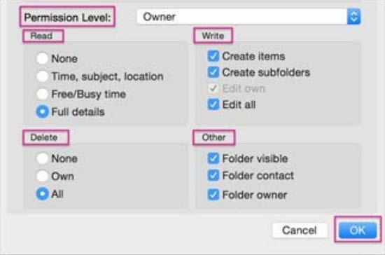 5. In the Calendar Properties box, choose an option in the Permission Level drop down box.