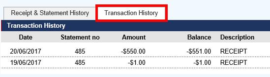Transaction History: By changing the filters in