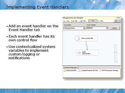 Module 06 - Debugging and Troubleshooting SSIS Packages Page 30 Implementing Event Handlers 12:55 AM Instructor Notes (PPT Text) Emphasize that this course discusses event handlers specifically in