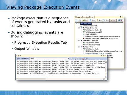 Module 06 - Debugging and Troubleshooting SSIS Packages Page 7 Viewing Package Execution Events 12:54 AM Instructor Notes (PPT Text) Point out that the Progress / Execution Results tab is specific to
