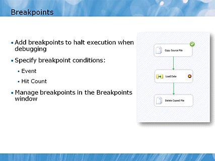 Module 06 - Debugging and Troubleshooting SSIS Packages Page 8 Breakpoints 12:54 AM Instructor Notes (PPT Text) SSIS also supports breakpoints in scripts that are defined in Script tasks and