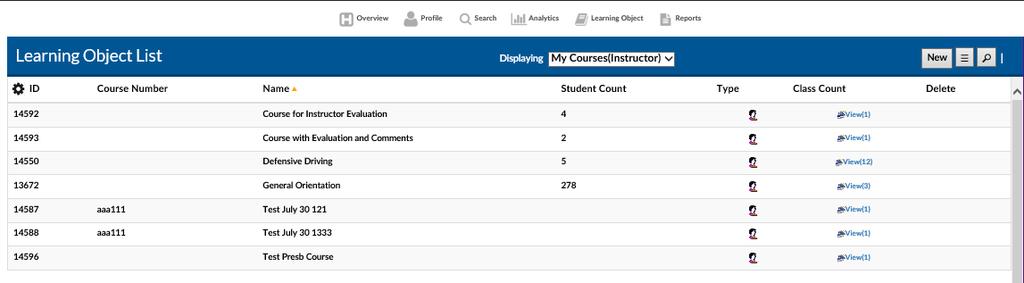 Learning Object The Learning Object tab gives the Instructor full screen access to courses, instances and associated class rosters for classes they teach (and other courses if permissions allowed).