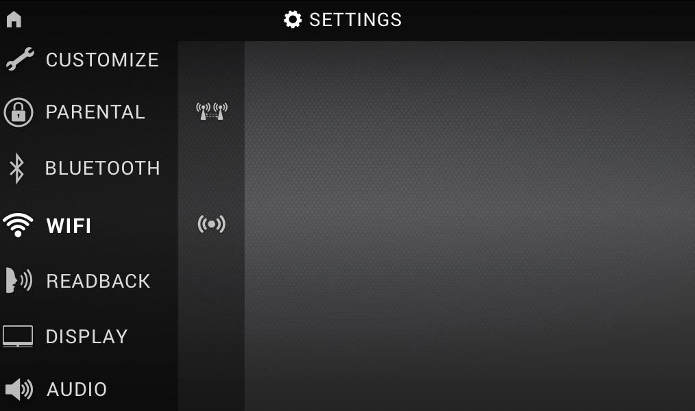 NAVIGATE THE CONTROL MENU Passengers can access all of the RSI functions by highlighting their choice of the four menu sections: Settings, Source, Mirror and Fast-Charge.