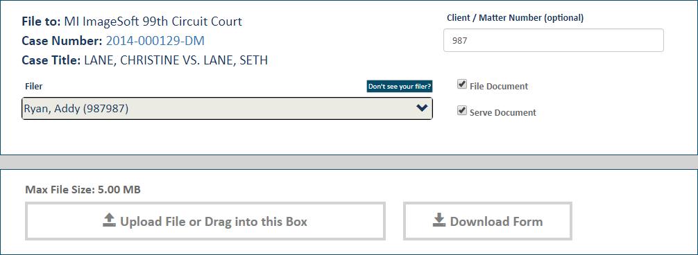File to an Existing Case 8. Select the arrow in the Filer field to display a list of possible filers. This list is populated with eligible filers you're connected to.