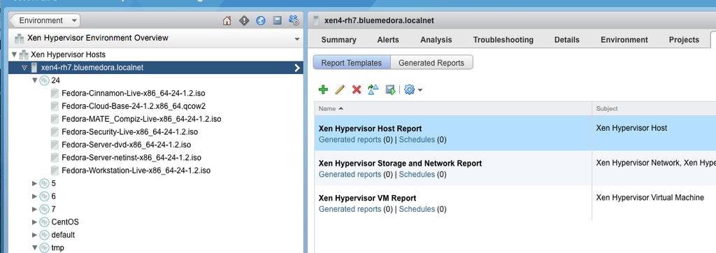 To access the Management Packs reports, go to Environment > Xen Hypervisor and click the desired Object (resource kind). Select the Reports tab, then Report Templates.