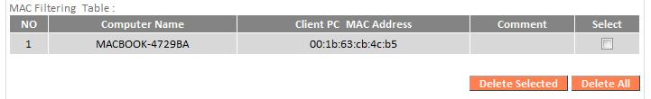 MAC Filtering: Enable MAC Filtering Client PC MAC Address Computer Name Comment Add Check the box to enable MAC filtering and select whether to Deny or Allow access for specified MAC address.