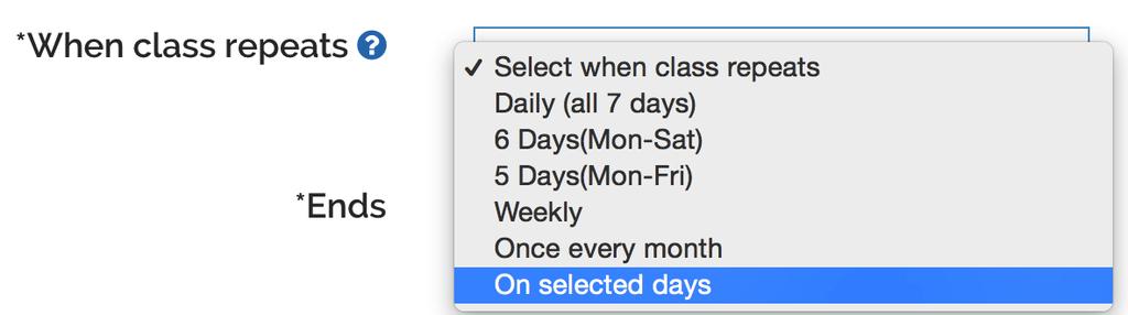 For example, to setup a recurring class on selected days like Tuesdays and Thursdays, select "On