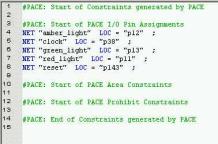 PROGRAMMABLE LOGIC DESIGN -- QUICK START HANDBOOK CHAPTER 5 The constraints entered into PACE can be seen in Figure 5-5.