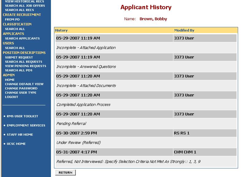 The Applicants tab lists the applicants, provides links to the application materials submitted, shows the date applied, the applicant status, etc.