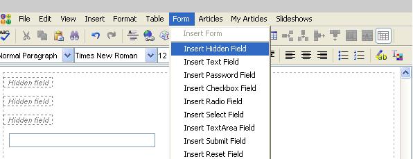 A Hidden Field is inserted into the form. Right click inside the appropriate Hidden Field and select Form Field Properties from the menu. Enter the Name of the hidden field.