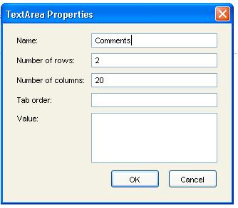 Choose Insert TextArea Field from the Form drop-down menu. A TextArea field is inserted into the form. Right click inside the TextArea field and select Form Field Properties from the menu.