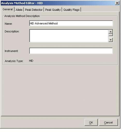 For the purpose of initial software set-up, only the peak detection parameters and selection of the AmpFlSTR binset are necessary. 5. Click OK. The Analysis Method Editor will open. 6.