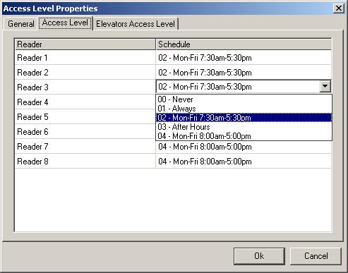 Then select the Access Level. Right click for Properties and form the Access Level tab assign schedules to access points. 10. Output types can be Energized or De-Energized, reporting or non-reporting.