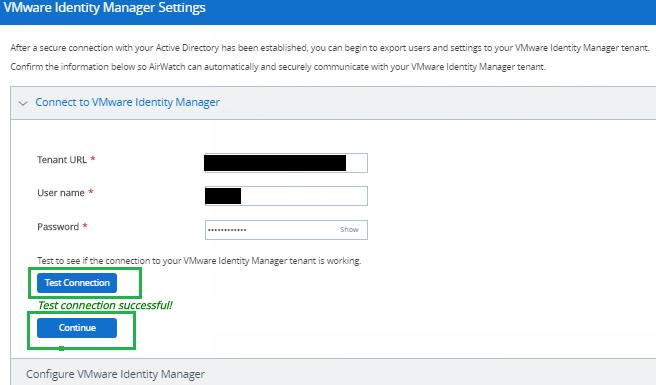 Enter the VMware Identity Manager tenant URL, user name,