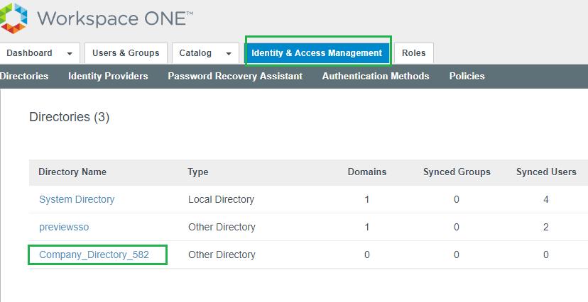 Procedure Validate the Integration of AirWatch Directories in the VMware Identity Manager Console To validate if the VMware Identity Manager integration is successful, complete the following steps: 1.