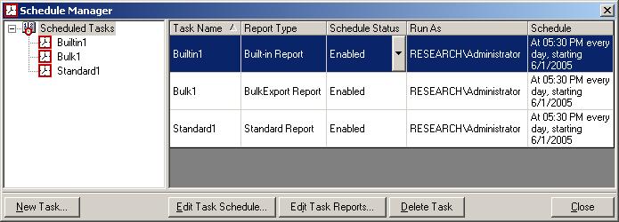 The left pane shows the list of scheduled tasks maintained in ARKIIS. The right pane shows the schedule settings as per the task selection in the left pane. Click button to create a new task.