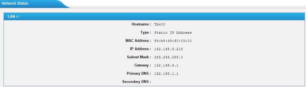 Network status In this page, the IP address of LAN port will appear with their