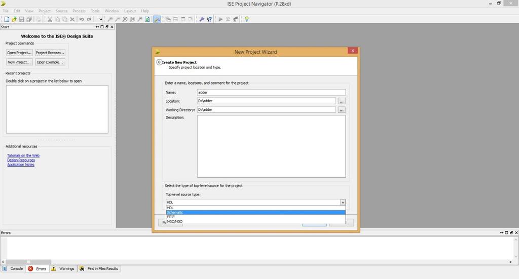 2. Within the project navigator, select from the File Menu, New Project like the figure above. Name the project adder.